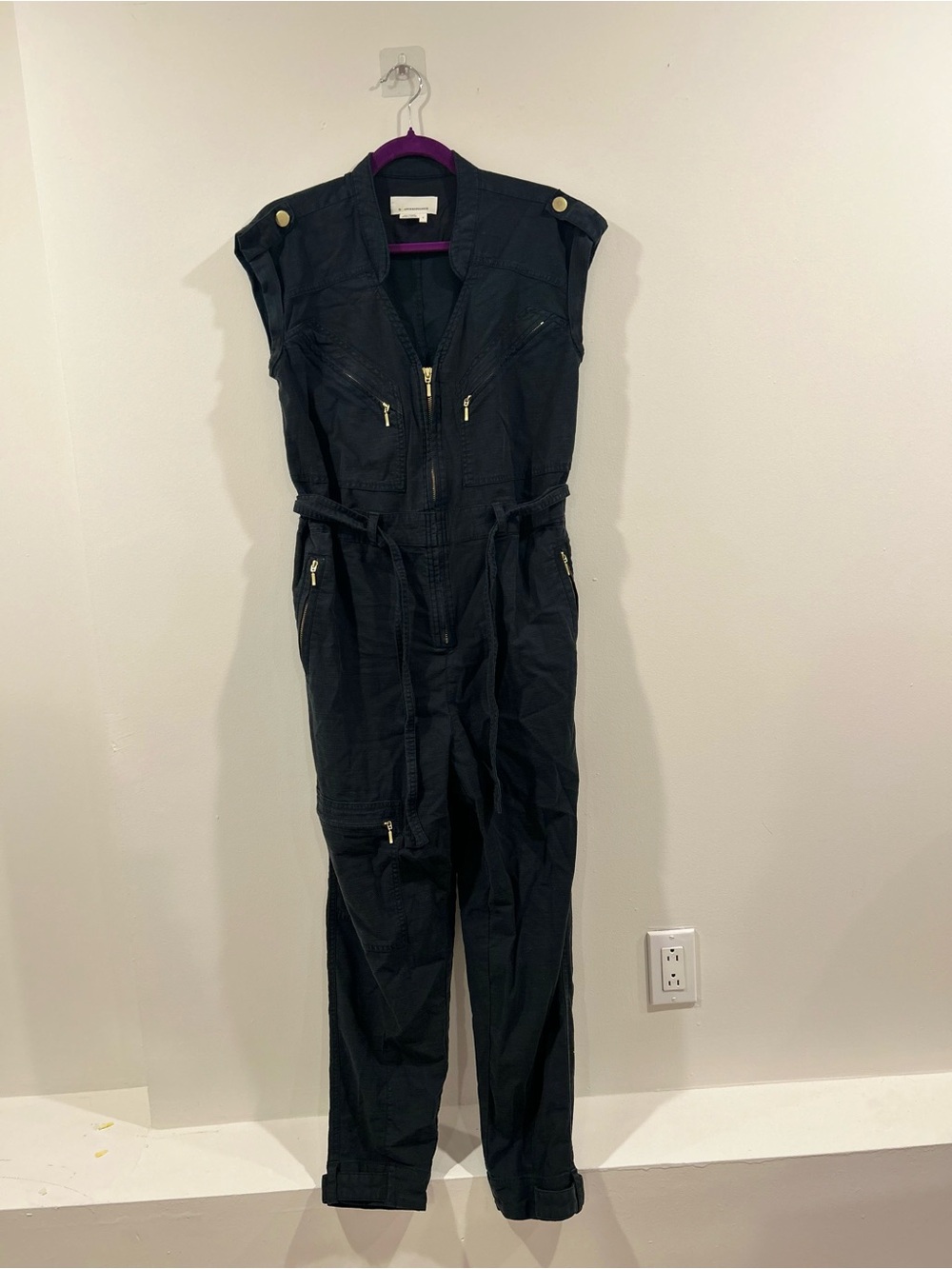 Anthropologie Black Sleeveless Utility Jumpsuit with Gold Hardware